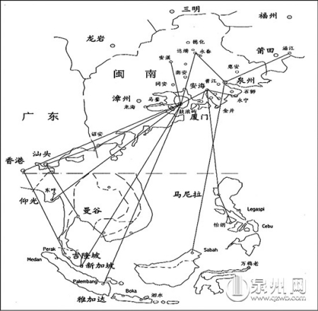 圖為閩南僑批主要郵路示意圖,，閩南僑批以廈門為中轉(zhuǎn)站,，廈門是對外聯(lián)絡的港口。