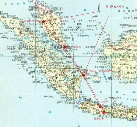 1927～1934年同安大嶝島籍在南洋各地華僑互寄批信線路示意圖