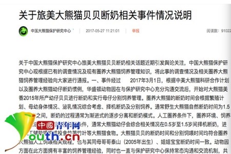 中國大熊貓保護(hù)研究中心發(fā)布的《關(guān)于旅美大熊貓貝貝斷奶相關(guān)事件情況說明》 中國大熊貓保護(hù)研究中心發(fā)布的《關(guān)于旅美大熊貓貝貝斷奶相關(guān)事件情況說明》