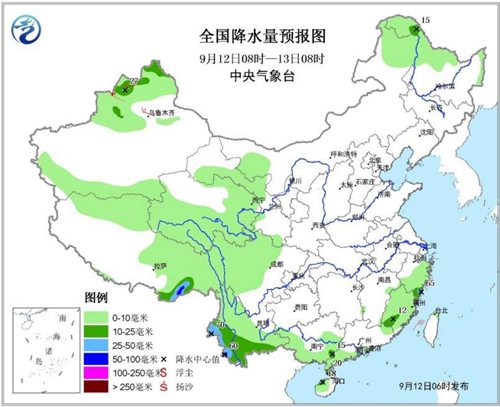 圖2 全國降水量預報圖(9月12日08時-13日08時)