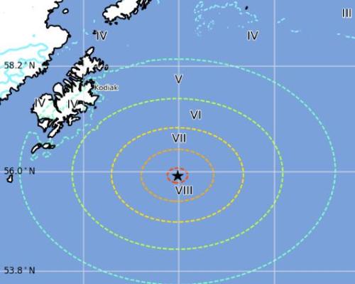 阿拉斯加地震可能波及的范圍示意圖。來源：美國地質勘探局網(wǎng)站截圖,。