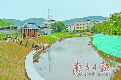 在南口鎮(zhèn)僑鄉(xiāng)村三星河邊,，工程隊正對親水觀光平臺進行最后的石磚鋪設和綠化工作,。何森垚 攝