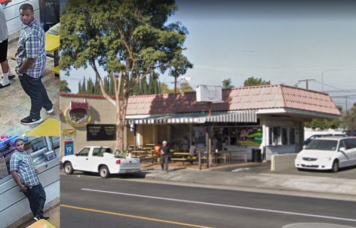 山谷西路佩佩快餐店和警方公布的嫌犯照片。 山谷西路佩佩快餐店和警方公布的嫌犯照片,。