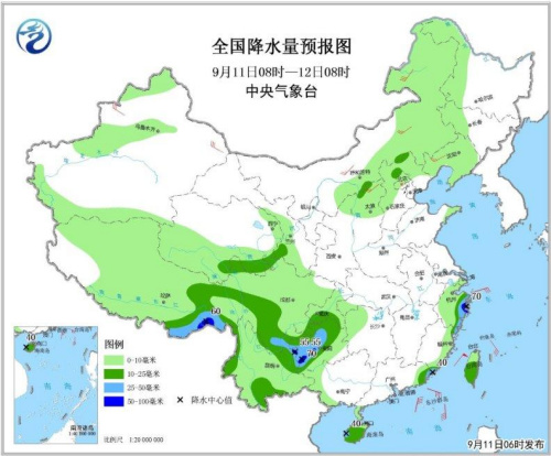 圖1 全國(guó)降水量預(yù)報(bào)圖(9月11日08時(shí)-12日08時(shí)) 圖1 全國(guó)降水量預(yù)報(bào)圖(9月11日08時(shí)-12日08時(shí))