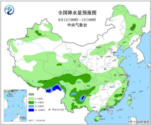 圖2 全國(guó)降水量預(yù)報(bào)圖(9月12日08時(shí)-13日08時(shí)) 圖2 全國(guó)降水量預(yù)報(bào)圖(9月12日08時(shí)-13日08時(shí))