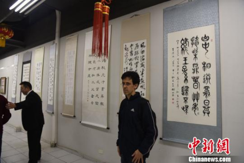 圖為巴西友人參觀書畫展,?！∧尚?攝