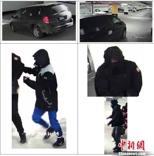 警方公布的現(xiàn)場監(jiān)控視頻顯示的嫌犯及作案所用車輛畫面?!∮嗳鸲?攝 警方公布的現(xiàn)場監(jiān)控視頻顯示的嫌犯及作案所用車輛畫面?!∮嗳鸲?攝