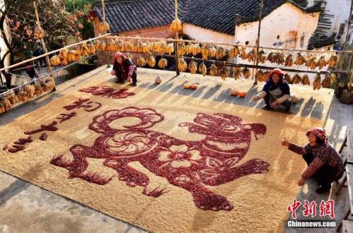 中國僑網(wǎng)12月31日,,2017年最后一天,,中國最美鄉(xiāng)村江西婺源篁嶺“曬秋大媽”又亮絕活,在這辭舊迎新的日子,用豐收的稻谷和辣椒擺出一幅長5.6米、寬4.3米的狗造型,寓意2018“旺到福到”。中新社記者 曹加祥 攝
