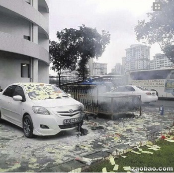白色轎車停放在冥紙焚燒爐旁,,左邊車頭燈燒毀。(新加坡《聯(lián)合早報(bào)》取自ZAC