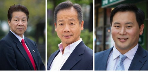 中國僑網華裔社區(qū)關注的三名候選人,,從左到右,分別是任柏年,、李萬龍,、金兌錫。(美國《僑報》/鄒斌)