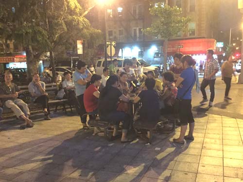 入夜后,紐約羅斯福公園變得熱鬧非凡,,人氣極高,聚會會友者有之,,打牌消遣者有之,,仿佛變成了“夜市”。(美國《僑報》/蘇夏竹