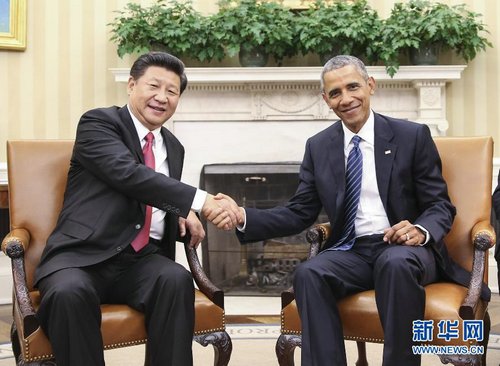 9月25日,,中國國家主席習(xí)近平在華盛頓白宮同美國總統(tǒng)奧巴馬舉行小范圍會(huì)談,。(新華社/蘭紅光