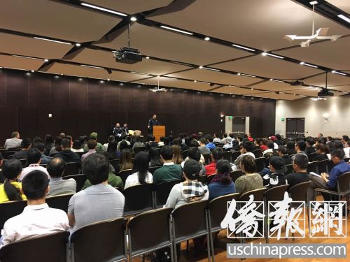 江玥案情說明會(huì)現(xiàn)場(chǎng),,能夠容納400人的大堂座無虛席。(圖片由中國(guó)學(xué)生會(huì)提供)