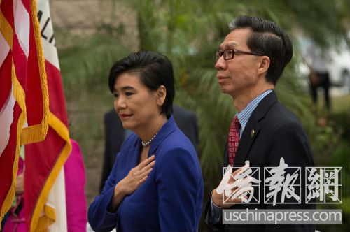 趙美心,、周本立同時(shí)發(fā)出書面聲明譴責(zé)GY嘻哈歌手散布的“搶劫華人”的音樂視頻。(美國(guó)《僑報(bào)》/高睿