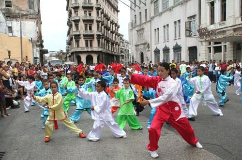 中國僑網(wǎng)資料圖片:2007年5月30日,,古巴武術(shù)學校學員在首都哈瓦那舉行的紀念華人抵達古巴160周年活動上表演太極拳,。 新華社記者殷永建攝