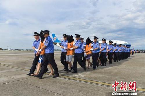 中國僑網(wǎng)74名疑犯從柬埔寨押解回國。 湘警 攝