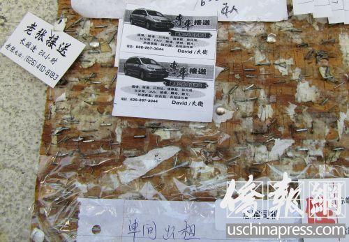 中國(guó)僑網(wǎng)在華人社區(qū)戶外小廣告欄上,,除了傳統(tǒng)的華人司機(jī)的廣告,,也有著中介機(jī)構(gòu)招聘司機(jī)的廣告。(美國(guó)《僑報(bào)》/翁羽 攝)