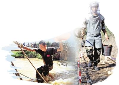 中國僑網(wǎng)左圖:駐剛果(金)維和工兵分隊軍士長劉安涉水作業(yè),。右圖:赴黎巴嫩維和多功能工兵分隊楊劍穿戴防護服,,準備進行掃雷作業(yè)。