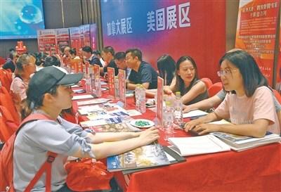 中國僑網(wǎng)寧波某留學(xué)中介機(jī)構(gòu)工作人員正在為客戶介紹出國留學(xué)的相關(guān)內(nèi)容,。(殷聰 攝)