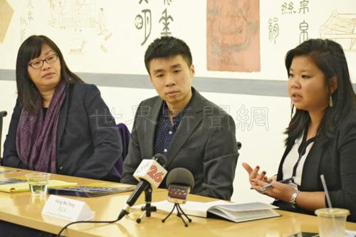 中國僑網(wǎng)民權(quán)界報告特朗普政府移民政策最新發(fā)展,,包括民權(quán)律師陳艷芬(左起)及魯鎮(zhèn)海,、華促會的馮弘美,。(美國《世界日報》/李秀蘭 攝)