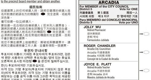 中國僑網(wǎng)亞市選票樣本中顯示,,選票上有包括中文的多語言說明“僅可投選一位候選人”,但很多廢票上仍有不少人是選了兩位候選人,。(圖片來源:資料圖片來自亞市官網(wǎng)公開信息)