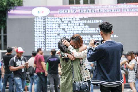 中國(guó)僑網(wǎng)圖為一名女子昨日(26日)在大理院得知自己律師會(huì)考及格后,,激動(dòng)地抱著妹妹,。共有6748人參加去年11月的會(huì)考,,只有25.5%或1724人及格。(《菲律賓商報(bào)》)