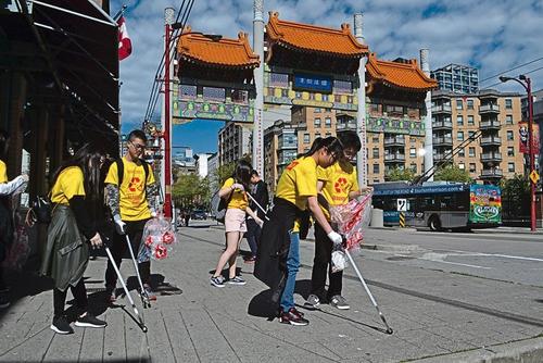 中國僑網(wǎng)一群年輕學生支持清潔運動,,在華埠千禧門附近撿拾垃圾,右二是丁淑雅,。(加拿大《星島日報》/王學文 攝)