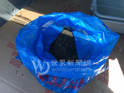 中國僑網(wǎng)這個(gè)裝著泥土的藍(lán)色塑料袋,就是引起網(wǎng)絡(luò)攻擊的“原兇”,。(美國《世界日?qǐng)?bào)》/黃惠玲 攝)
