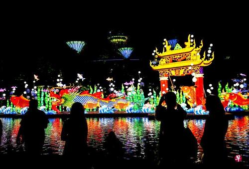 中國僑網(wǎng)巨型燈飾“魚躍龍門”融入濱海灣花園,,為中秋佳節(jié)獻(xiàn)上闔家盛會(huì)。(新加坡《聯(lián)合早報(bào)》/王曉亞 攝)
