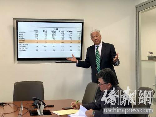 中國(guó)僑網(wǎng)美國(guó)亞裔社區(qū)服務(wù)中心(AACSC)主席沈家麒在宣講起訴洛加大的資料,。(美國(guó)《僑報(bào)》/王珂瑩 攝)