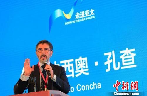中國僑網(wǎng)智利駐上??傤I(lǐng)事伊克納希奧·孔查發(fā)表演講?!∫罅⑶凇z