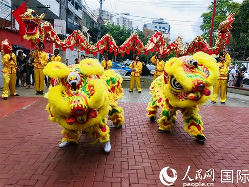 中國僑網(wǎng)慶?;顒?dòng)現(xiàn)場(chǎng)的舞龍舞獅表演。 記者 朱東君攝