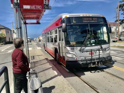 中國(guó)僑網(wǎng)盧女士提著購(gòu)物小車(chē),,在Sunset Blvd & Taraval St.車(chē)站換成L線BUS前往safeway超市購(gòu)買(mǎi)生活必需品,。(美國(guó)《世界日?qǐng)?bào)》/黃少華 攝)