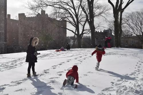 中國僑網(wǎng)紐約布魯克林日落公園被大雪覆蓋,,華人家庭共享雪天時光,。(美國《世界日報》/顏潔恩 攝)