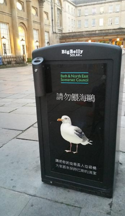 在英國(guó)名城巴斯的一個(gè)垃圾箱上郝然印著這樣的中文提示,,著實(shí)令人尷尬,。(中國(guó)青年報(bào))
