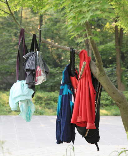 資料圖片:游客把衣服,、袋子等物品懸掛在南京中山風(fēng)景區(qū)一棵小樹(shù)上。