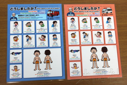 9月8日下午,,東京消防廳公開(kāi)了在急救搬運(yùn)日語(yǔ)不熟練的外國(guó)人時(shí)使用的“急救用溝通支援板”。外國(guó)人可以從描繪疼痛等狀況的支援板上選擇符合自己癥狀的圖,,以使急救隊(duì)員能夠迅速應(yīng)對(duì),。(日本共同社)