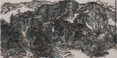 中國(guó)僑網(wǎng)帕薩迪納伊頓峽谷夕照?qǐng)D(69cm*138cm 紙本水墨)-洪波(美國(guó))-2014