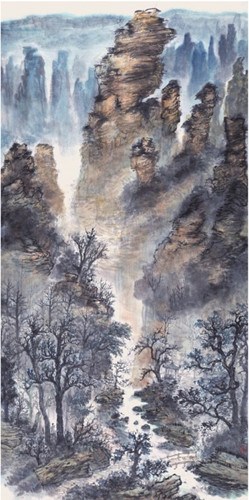 中國僑網(wǎng)溪山踏青(68cm*138cm 紙本設(shè)色)-嚴鶴麟(中國澳門)-2012