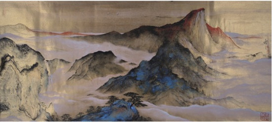 中國僑網(wǎng)青山依舊在,,幾度夕陽紅(77cm*167cm 紙本重彩)-姚逸之(比利時)-2012