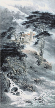 中國僑網(wǎng)松林小屋(138cm*70cm紙本設(shè)色)-周平?(美國)-2014