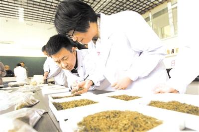 中國僑網(wǎng)專家根據(jù)茶葉外形、湯色、香氣,、滋味、葉底等五項內(nèi)容進行評比,。 陳翔 攝