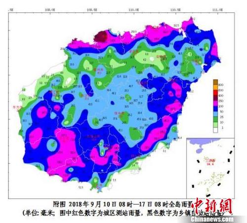 中國(guó)僑網(wǎng)圖為9月10日08時(shí)—17日08時(shí)海南島雨量,。海南省氣象臺(tái) 供圖