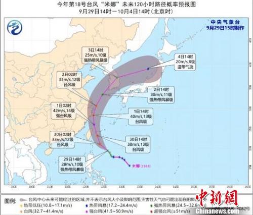 中國(guó)僑網(wǎng)圖為:第18號(hào)臺(tái)風(fēng)“米娜”路徑預(yù)測(cè) 來(lái)源:中央氣象臺(tái)