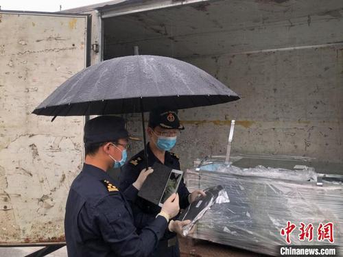 中國僑網圖為北京海關所屬朝陽海關關員冒雨查驗,助力企業(yè)進口貨物快速通關,?!〕柡jP供圖