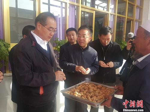 中國僑網(wǎng)11月16日,,國務(wù)院僑辦副主任郭軍(左一)在定點幫扶點甘肅積石山縣入村進戶調(diào)研扶貧工作。 中新社記者 殷春永 攝