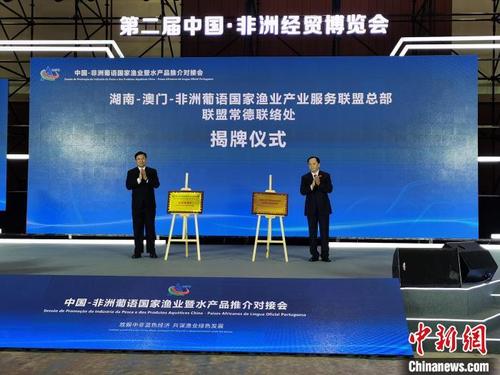 中國僑網(wǎng)9月28日,,湖南-澳門-非洲葡語國家漁業(yè)產(chǎn)業(yè)服務(wù)聯(lián)盟在長沙揭牌成立,。 向一鵬 攝