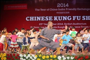 中國(guó)僑網(wǎng)武僧團(tuán)與現(xiàn)場(chǎng)青少年互動(dòng)。