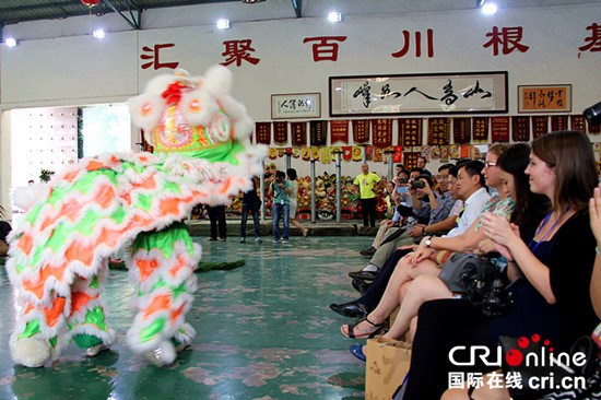 中國僑網(wǎng)獅子與外國媒體記者近距離互動。