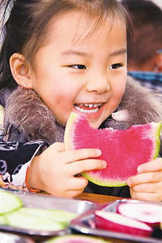中國僑網(wǎng)山東棗莊實驗幼兒園的小朋友在吃生蘿卜“咬春”,。(新華社發(fā))
